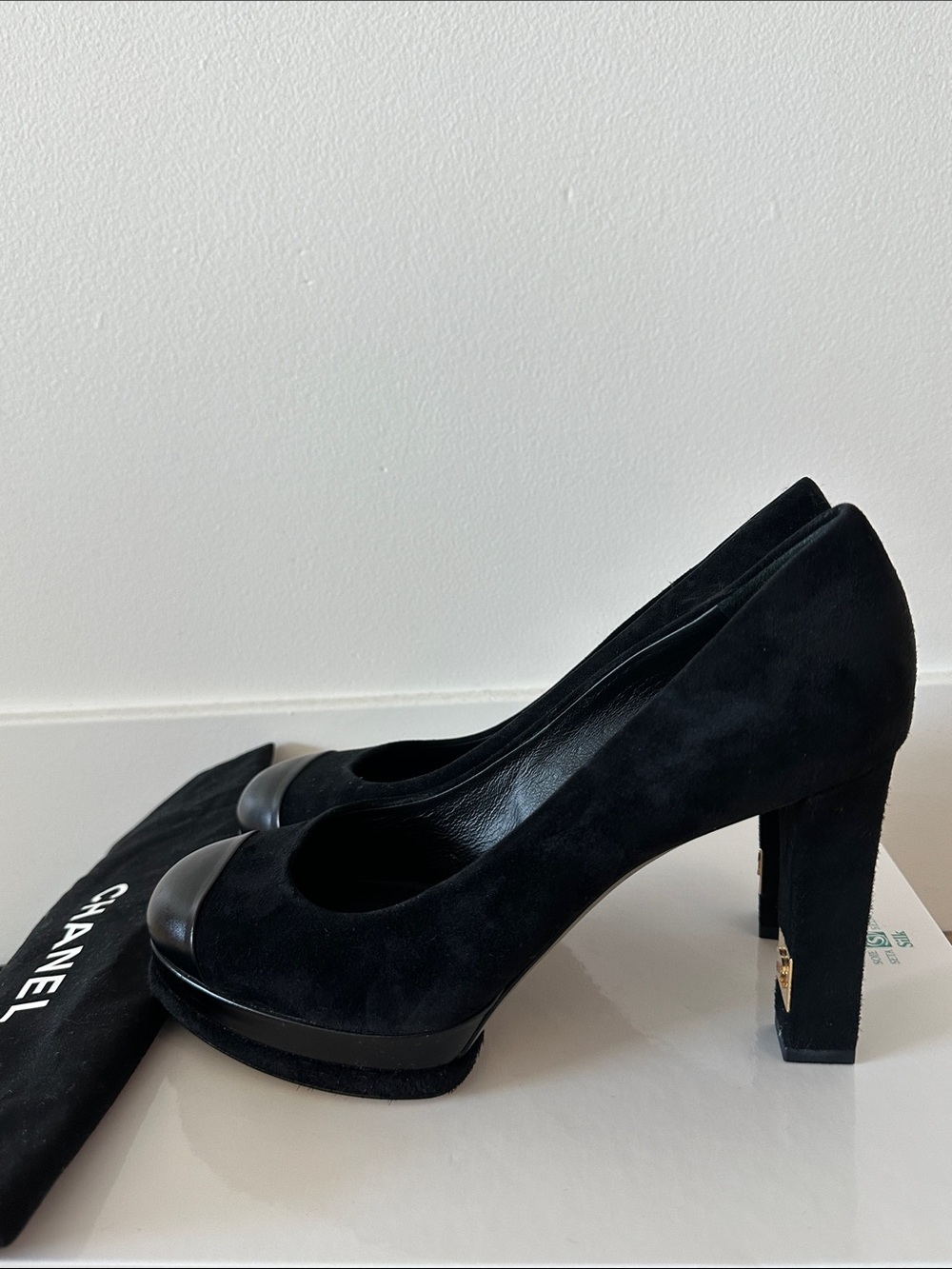 CHANEL Black Suede Cap-Toe Block Heel Pumps